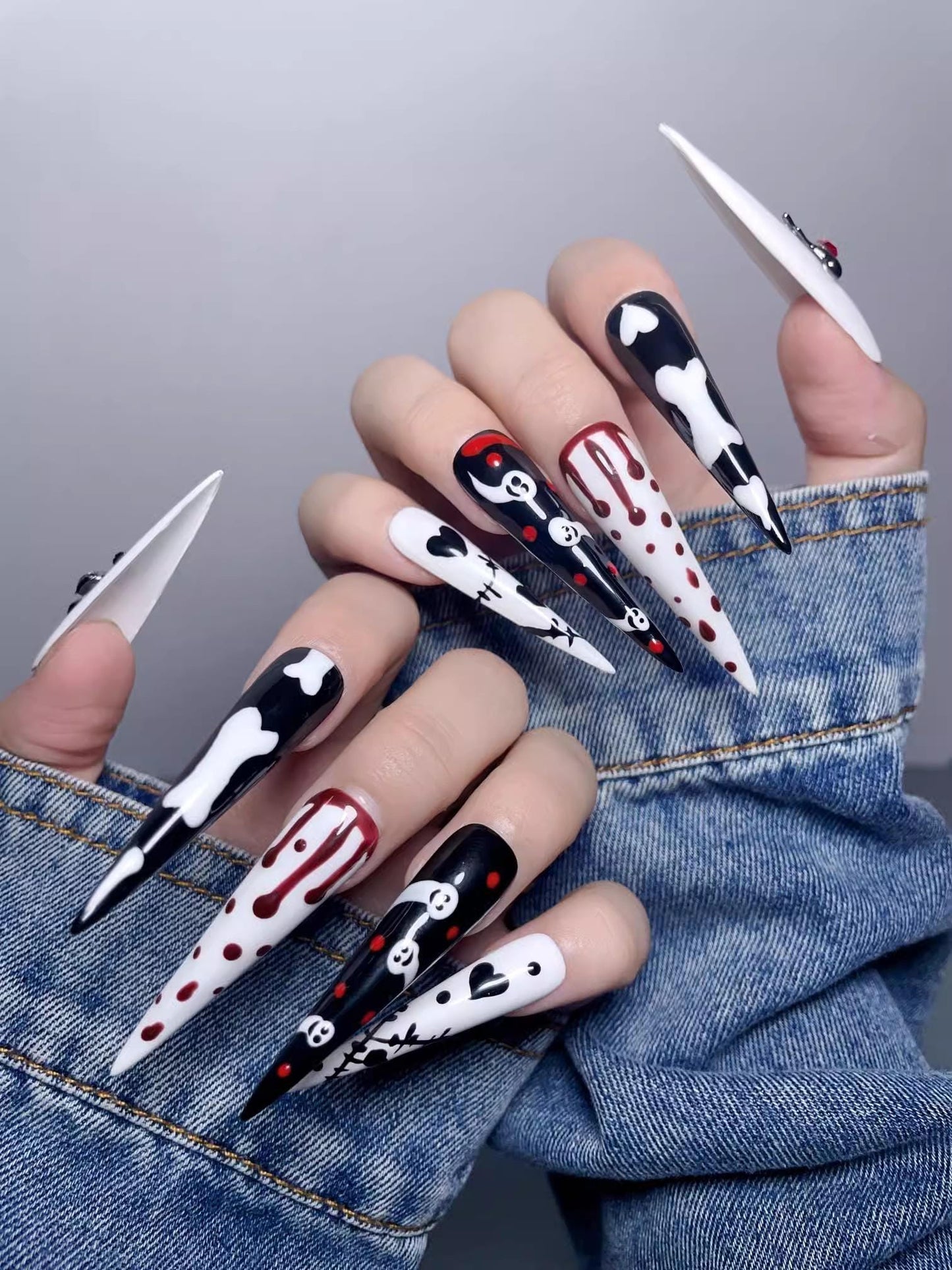 Press on nails white black halloween gel nails sanke nails extra long stiletto fake nails holiday gift for her reusable