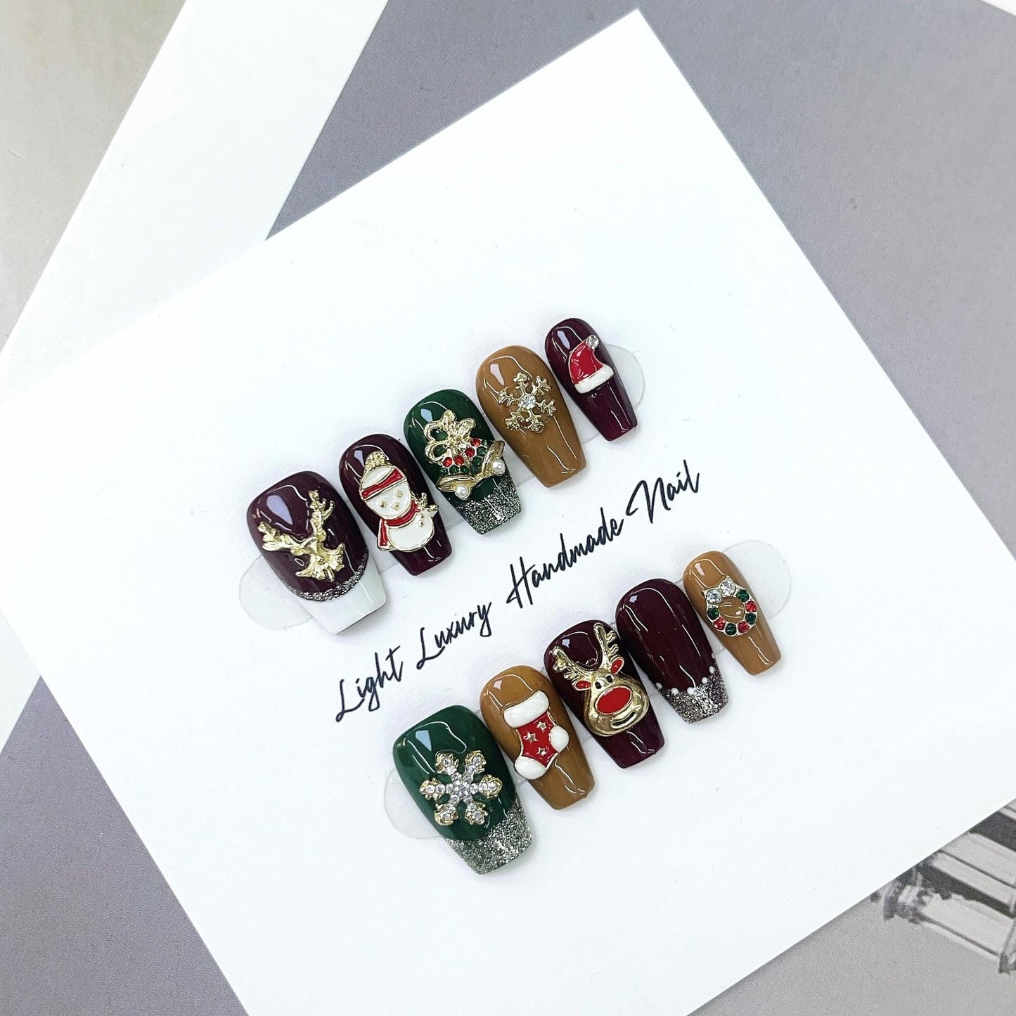 Christmas nails snowflake boot brown green handmade nails gel nail press on nails holiday festival nail art short coffin