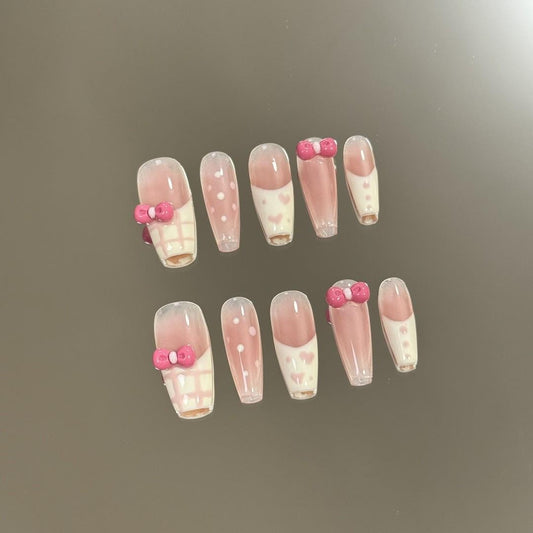 Luxury cartoon nails pink bow white polka dot handmade nails press on nails gel nails medium coffin