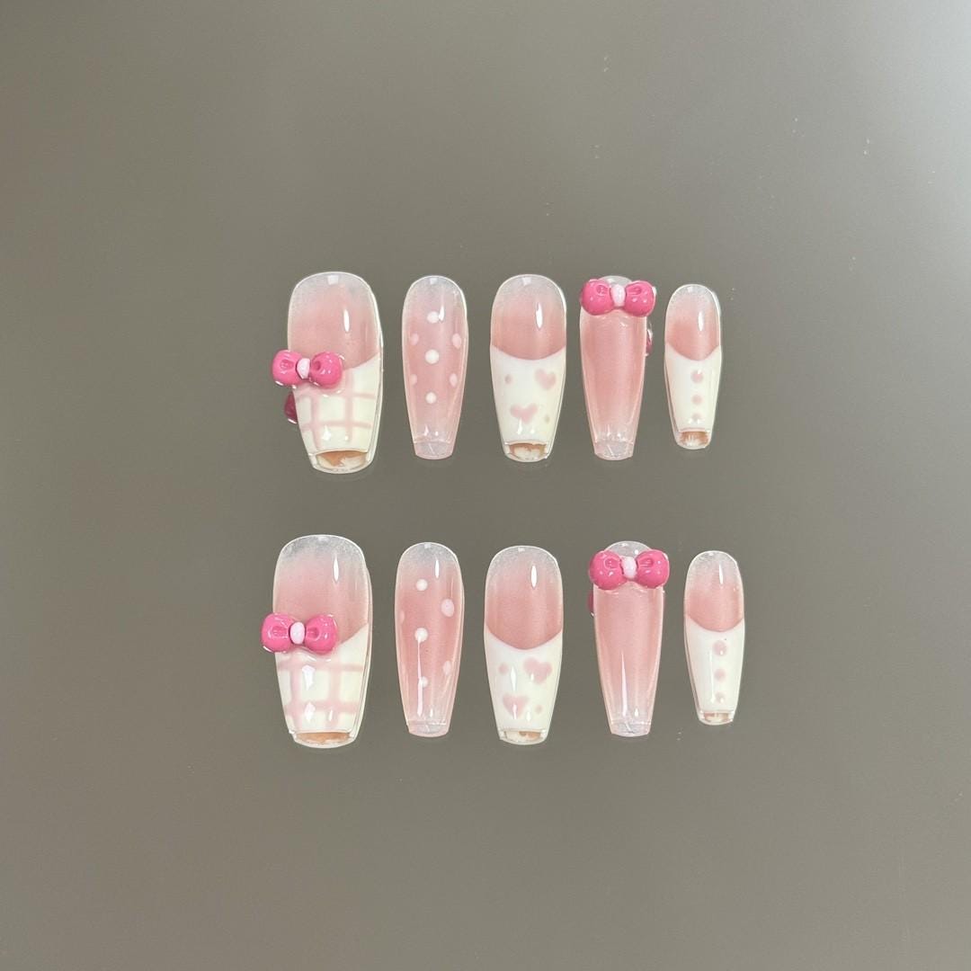 Luxury cartoon nails pink bow white polka dot handmade nails press on nails gel nails medium coffin