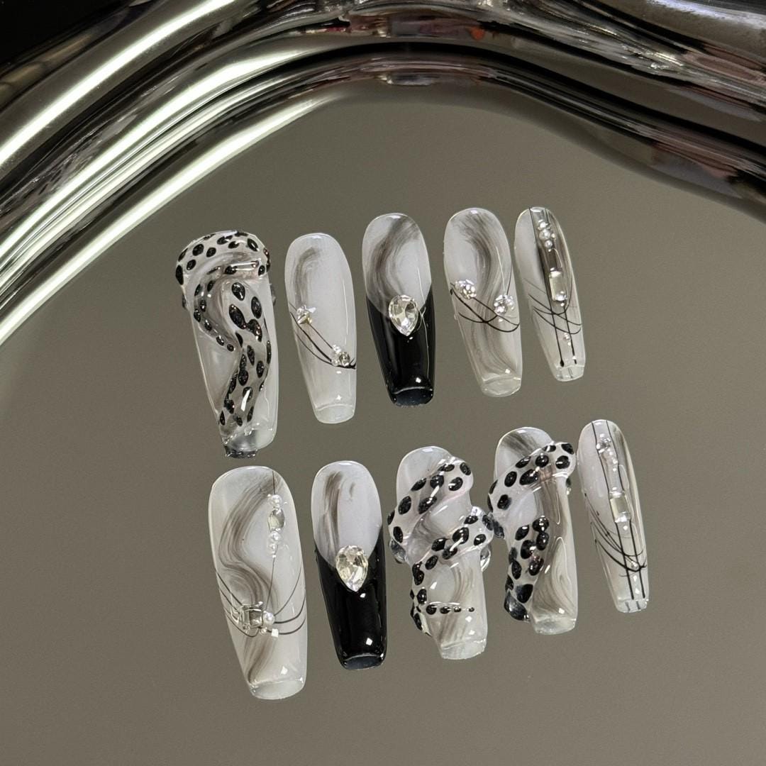 Luxury grey black snake nails blooming handmade press on nails gel nails long coffin nail art