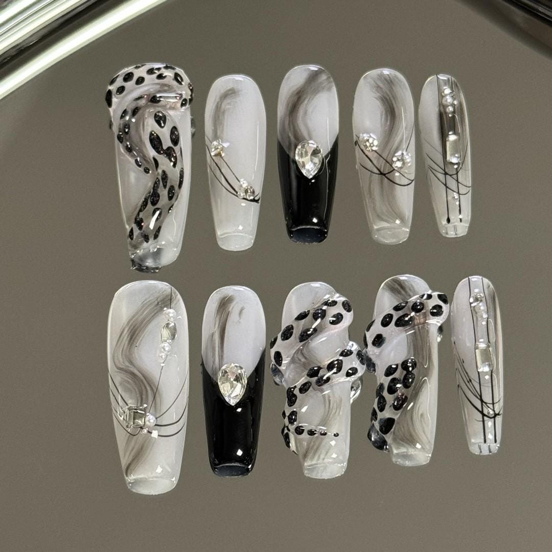 Luxury grey black snake nails blooming handmade press on nails gel nails long coffin nail art