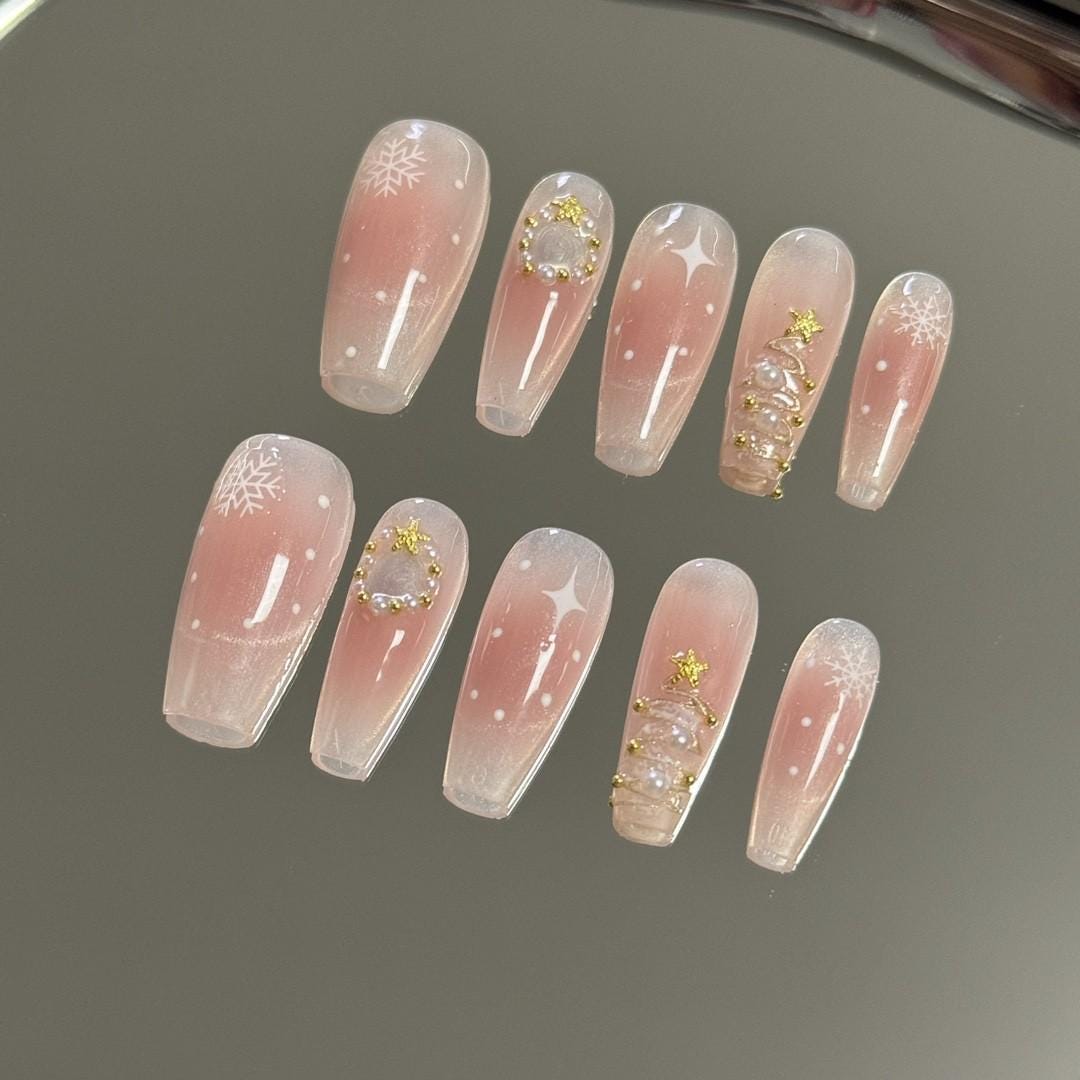 Christmas nails pink blusher cat eye handmade nails snowflake christmas tree glitter medium coffin nails art blooming nails