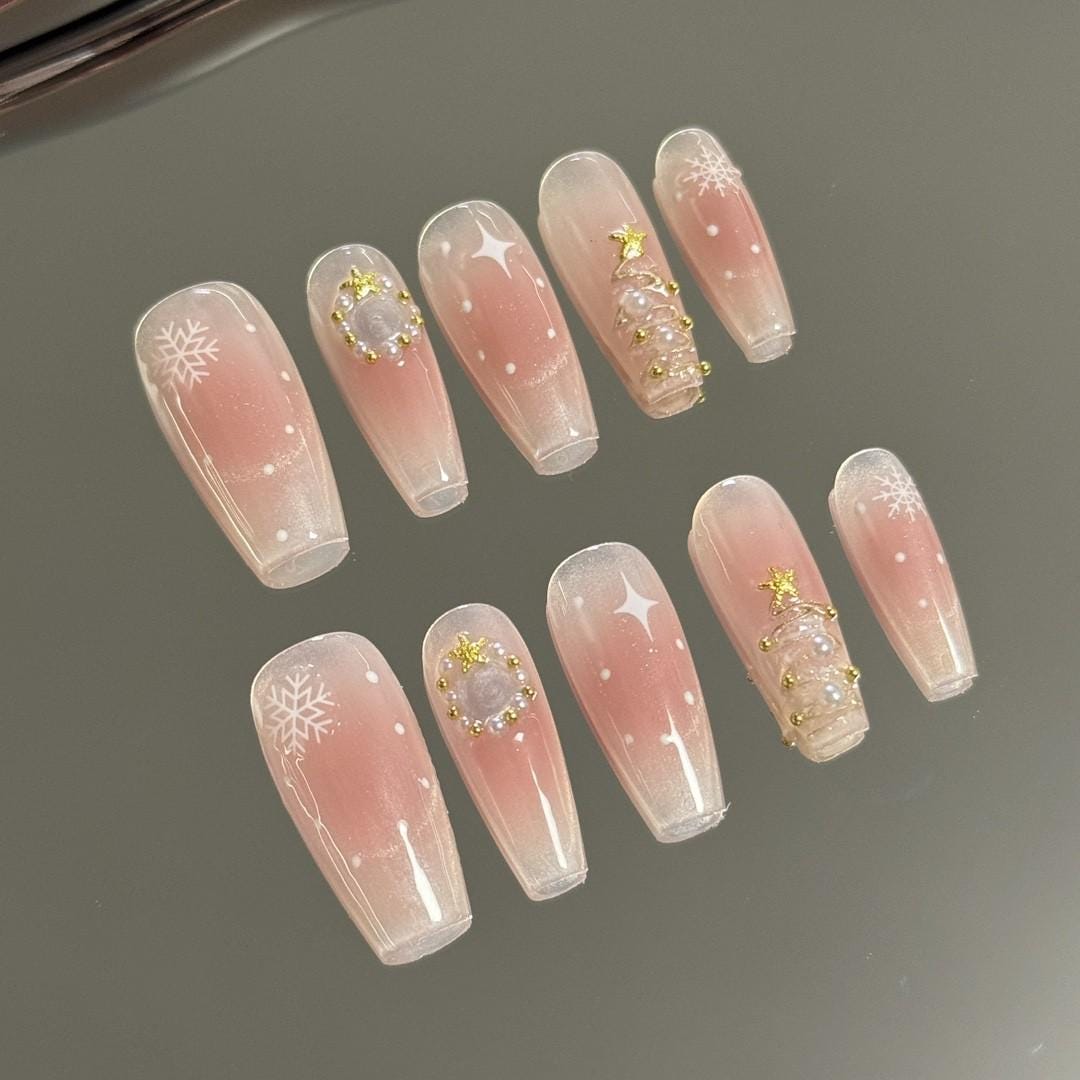 Christmas nails pink blusher cat eye handmade nails snowflake christmas tree glitter medium coffin nails art blooming nails