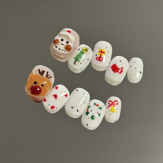 Christmas nails white snowman handmde nails cutie press on nails gel nails short square oval reusable nail