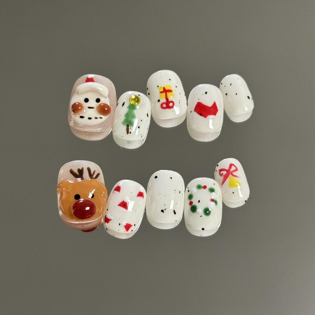 Christmas nails white snowman handmde nails cutie press on nails gel nails short square oval reusable nail