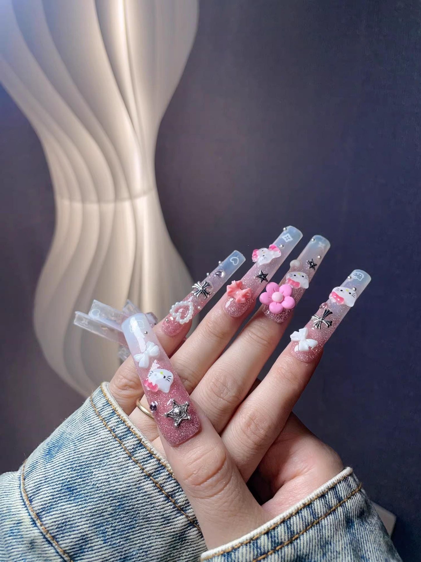 Pink glitter hello kitty handmade gel nails press on nails flower bowtie extra long sqaure trendy cosplay