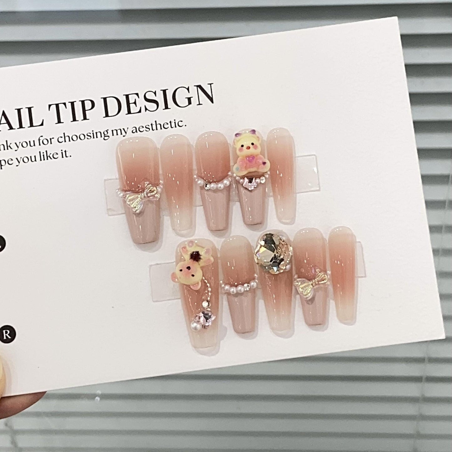 Luxury french Cute blush bear pearls handmade nails press on nails long coffin pink bow nails art