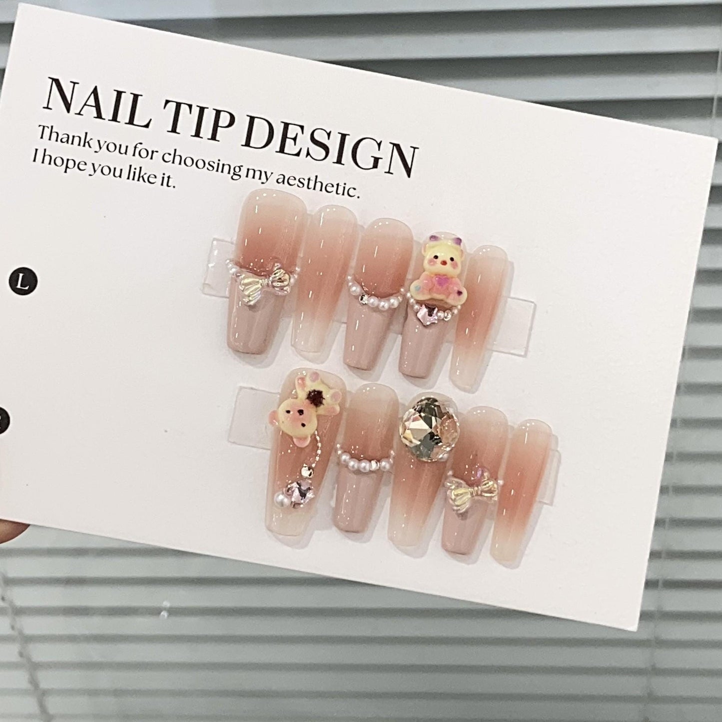 Luxury french Cute blush bear pearls handmade nails press on nails long coffin pink bow nails art