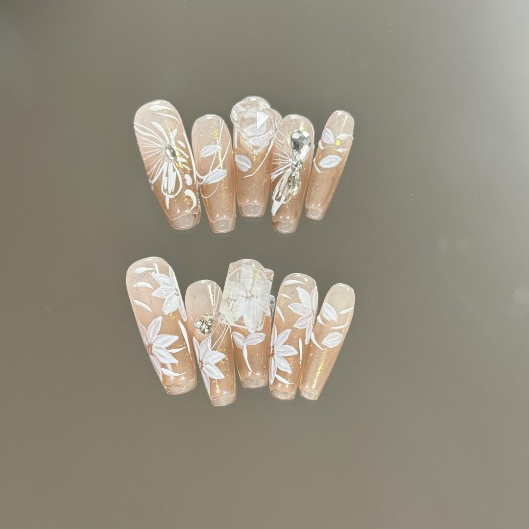 Luxury handmade flower nails butterfly press on nails gel nails long coffin wedding nails elegant