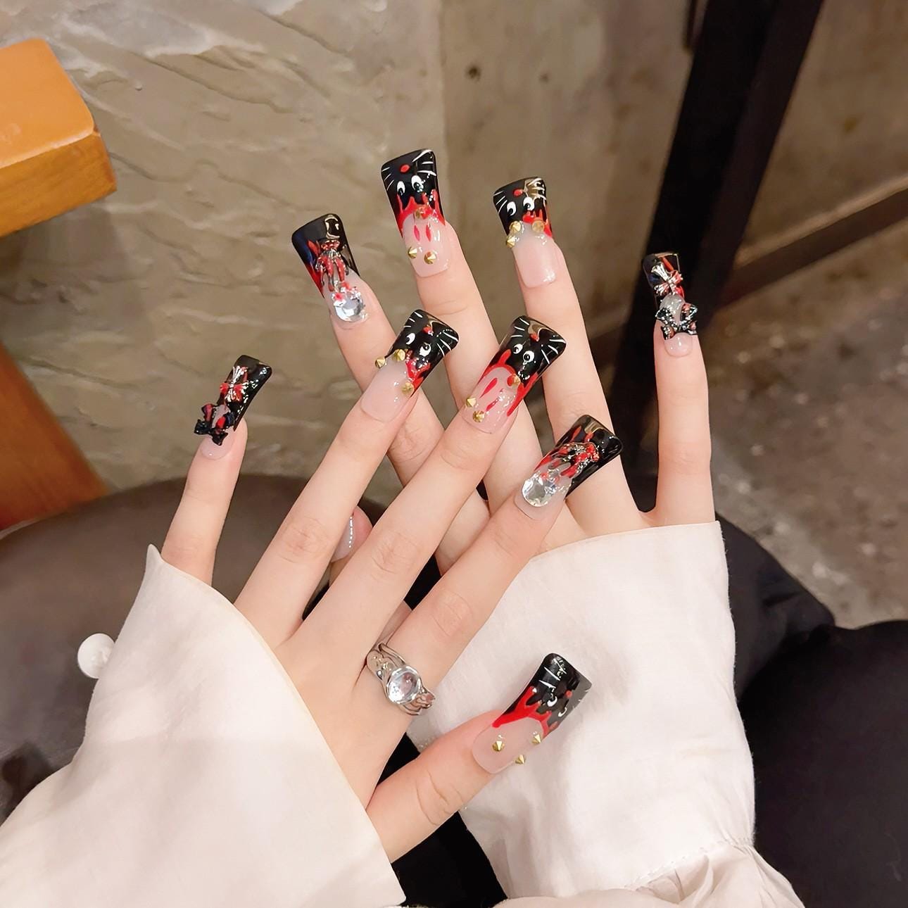 Spicy girl nails duck nails black red kitty punk gothic dark bow handmade press on nails gel nails duck shape nails