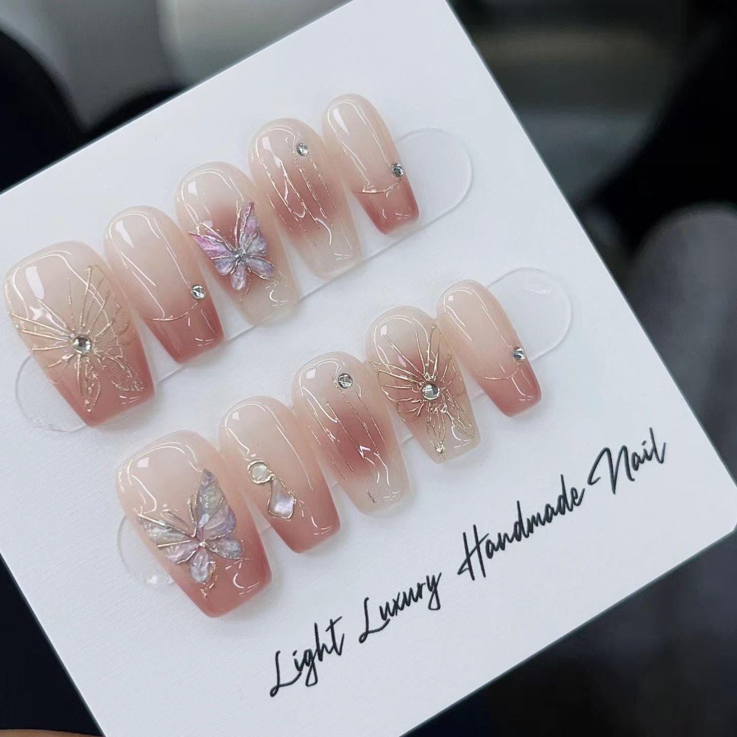 Luxury shell pink nails butterfly cheek handmade nails press on nails gel nails short coffin nails art reusable