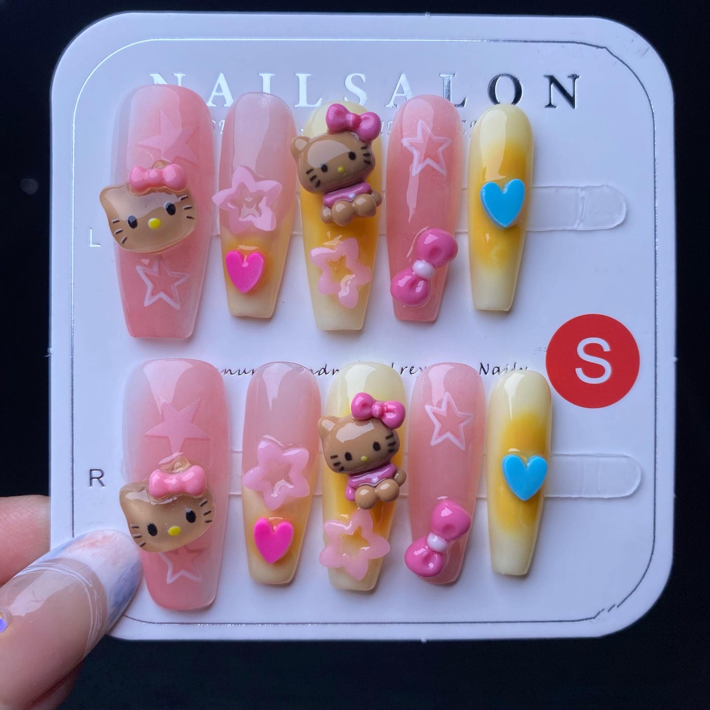 Hello kitty cute nails star heart bow handmade nail press on nails gel nails long coffin reusable false nail cartoon