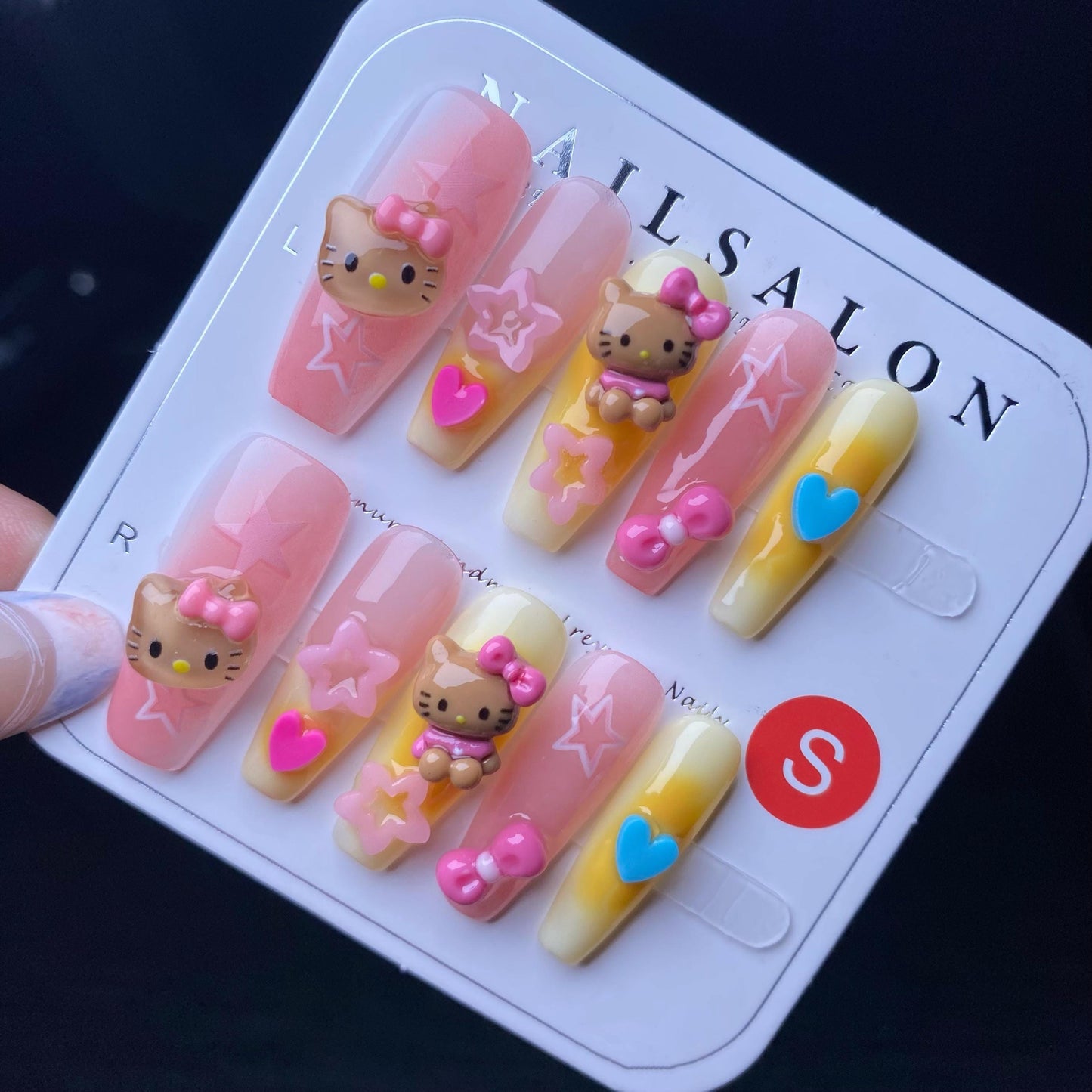 Hello kitty cute nails star heart bow handmade nail press on nails gel nails long coffin reusable false nail cartoon