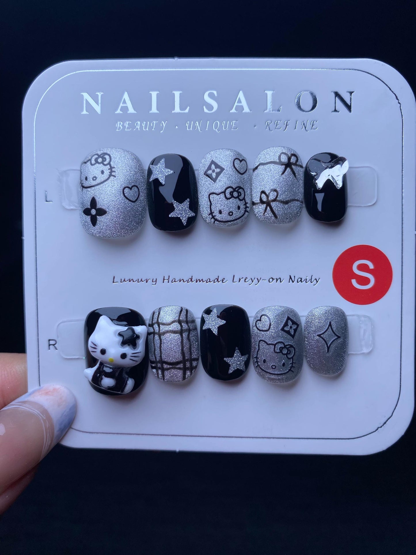 Dark balck cute hello kitty handmade nails star press on nails gel nails short square oval