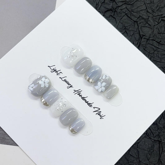 Luxury grey handmade nails hand painting flower press on nails gel nails short square oval  summer daily nail