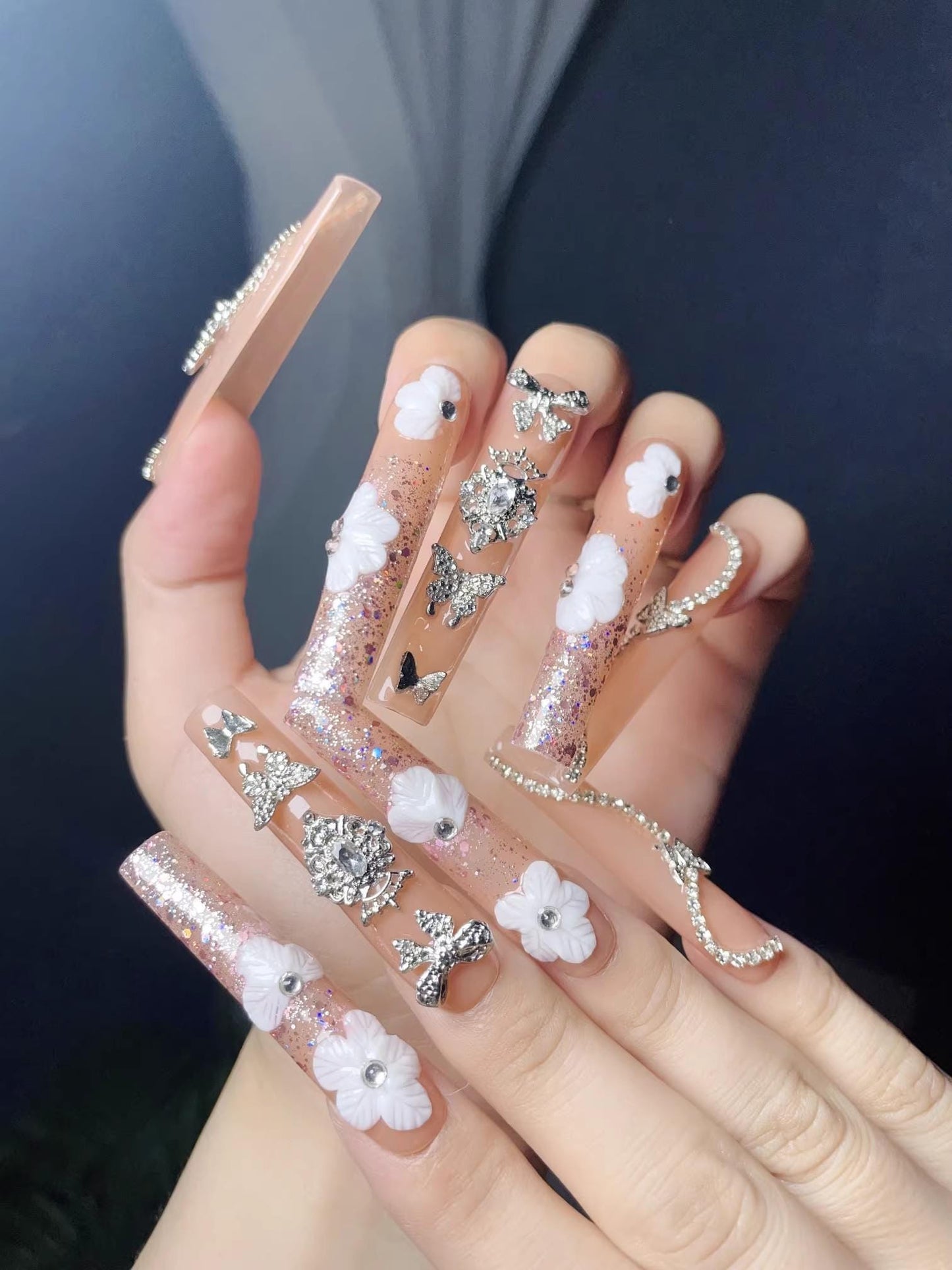 Luxury flower butterfly handmade nails extra long square press on nails gel nails Y2K bling fake nails