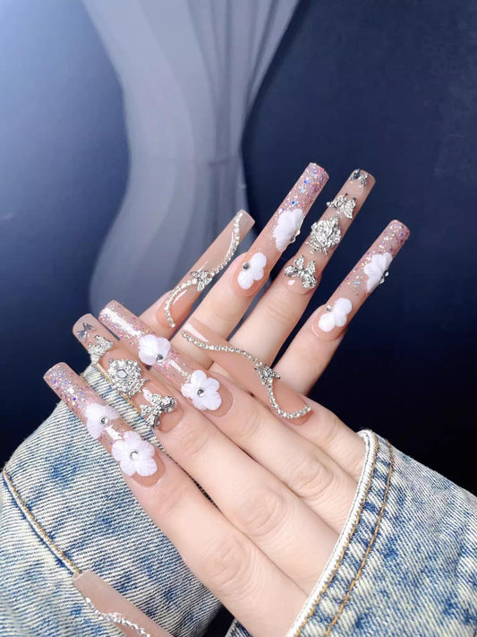 Luxury flower butterfly handmade nails extra long square press on nails gel nails Y2K bling fake nails