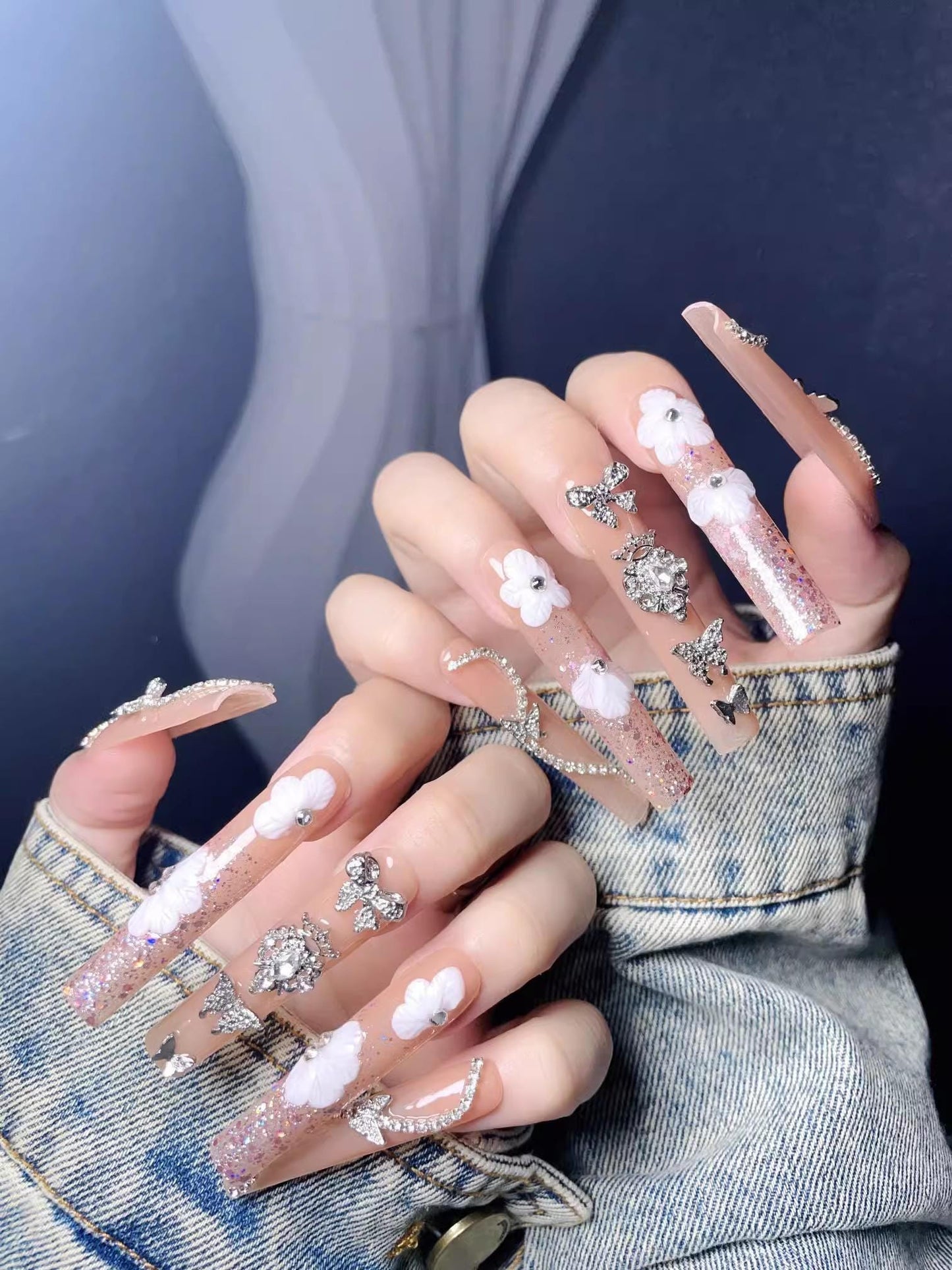 Luxury flower butterfly handmade nails extra long square press on nails gel nails Y2K bling fake nails