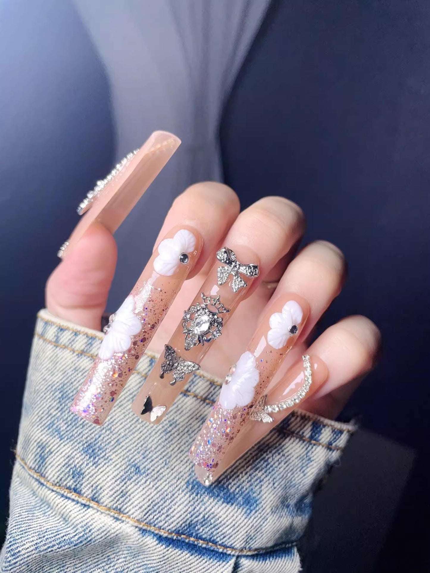 Luxury flower butterfly handmade nails extra long square press on nails gel nails Y2K bling fake nails