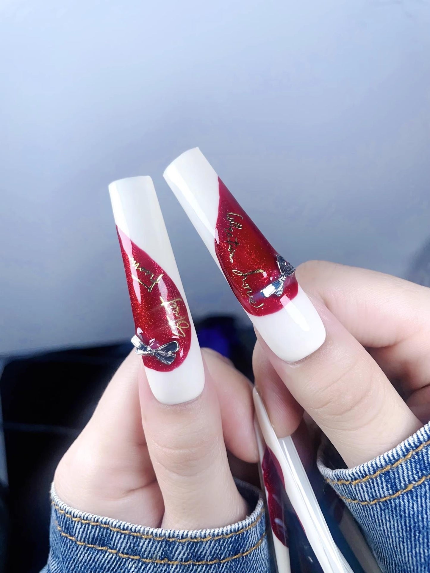 Luxury handmade nails white red butterfly hottie press on nails gel nails extra long square nails reusable