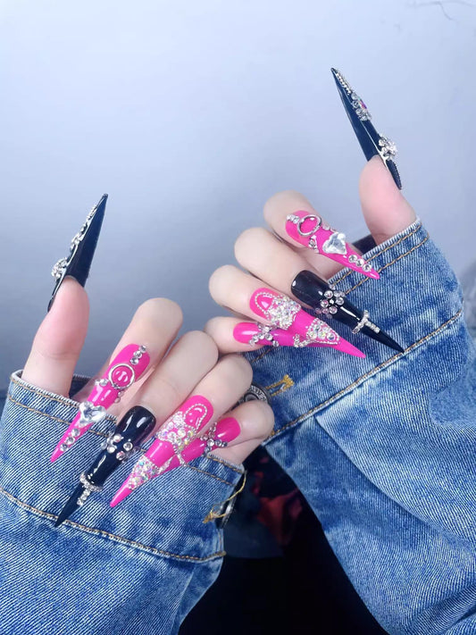 Luxury handmade nails black pink barbie pink Y2K diamond extra long stiletto hottie cool resuable nails