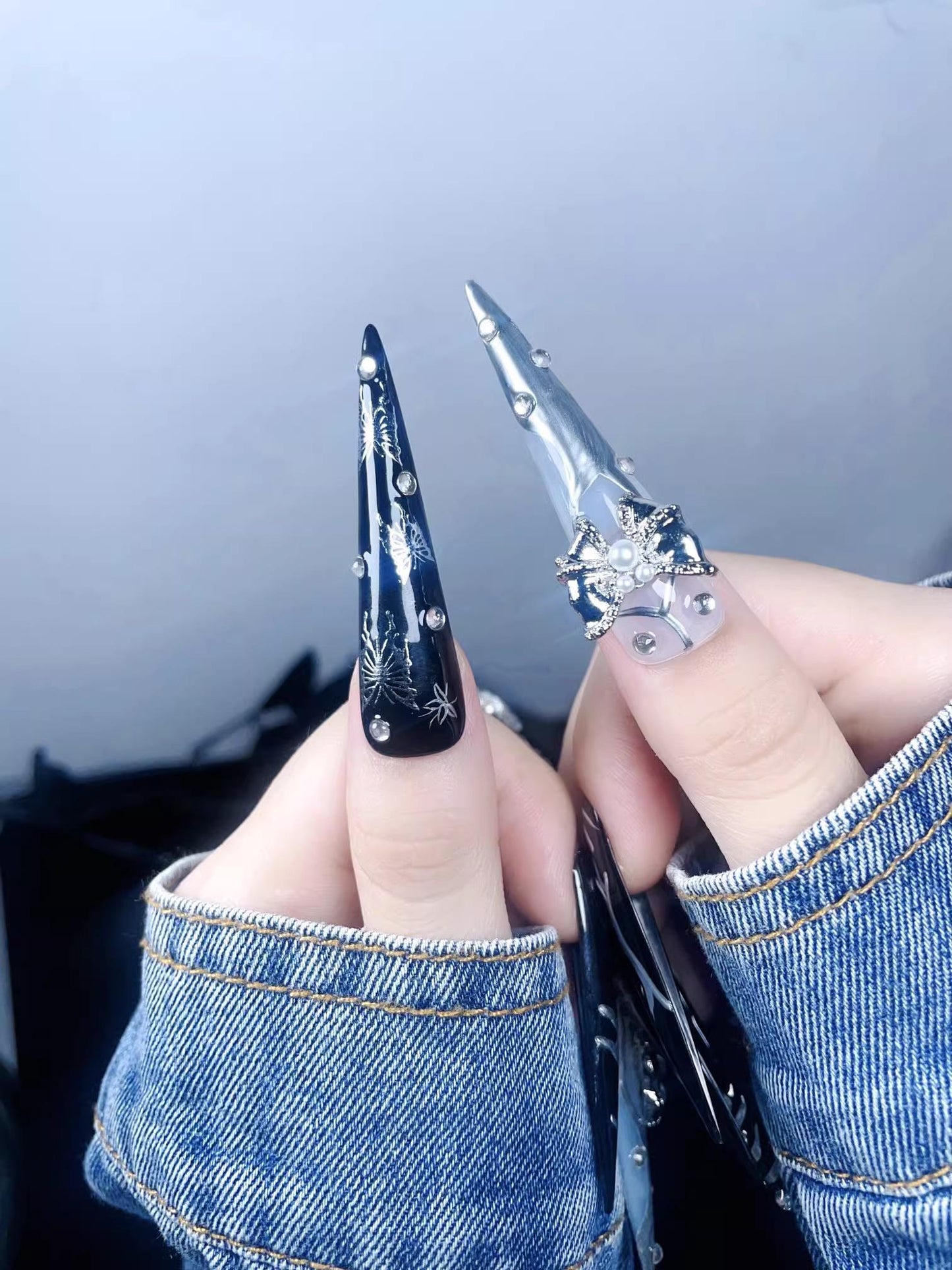 Luxury black handmade nails butterfly press on nails gel nails extra long stiletto gothic glue on nails metal silver