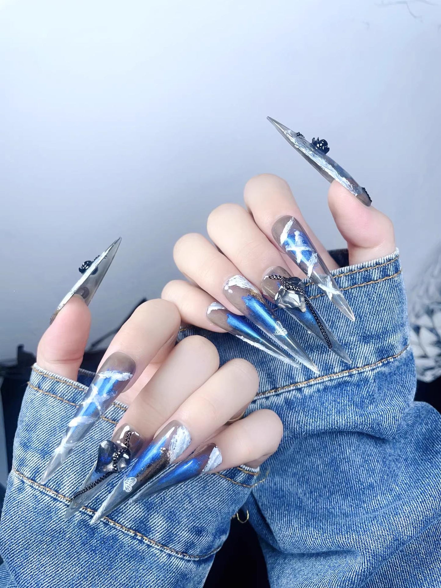 Reusable blue handmade nails punk nails with chains black flower press on nails gel nails extra long stiletto