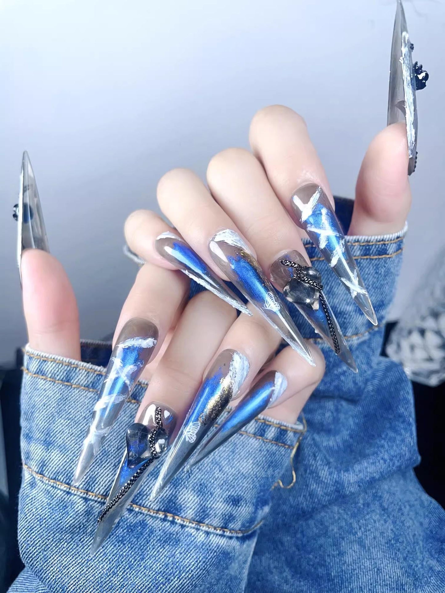 Reusable blue handmade nails punk nails with chains black flower press on nails gel nails extra long stiletto