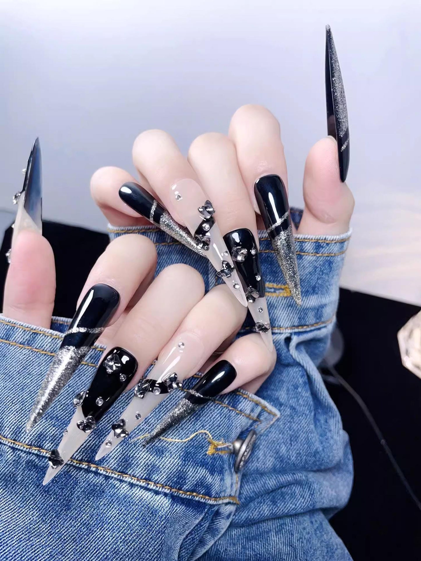 Dark black handmade nails rhinestone butterfly press on nails gel nails extra long stiletto cool nails Y2K gift for her