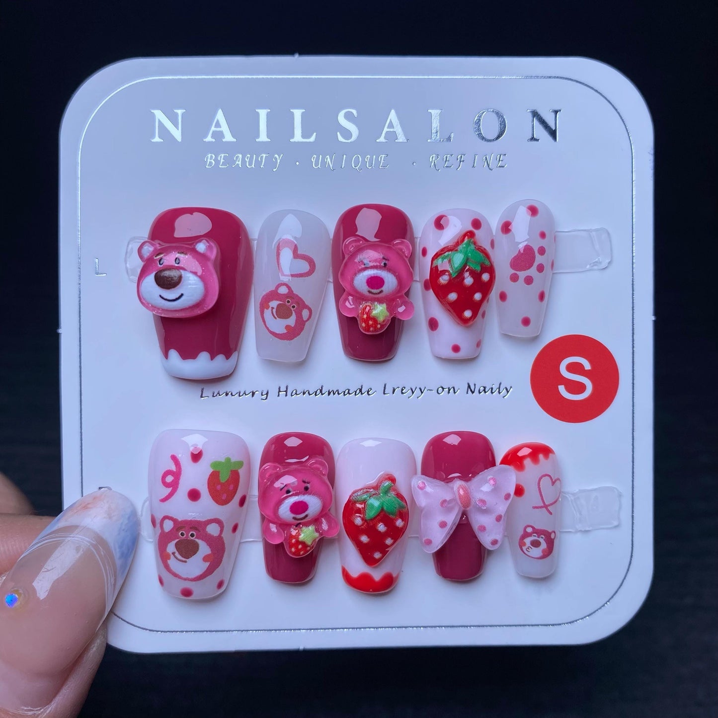 Luxury handmade nails cartoon Lotso press on nails gel nails strawberry short coffin red polka dot cutie