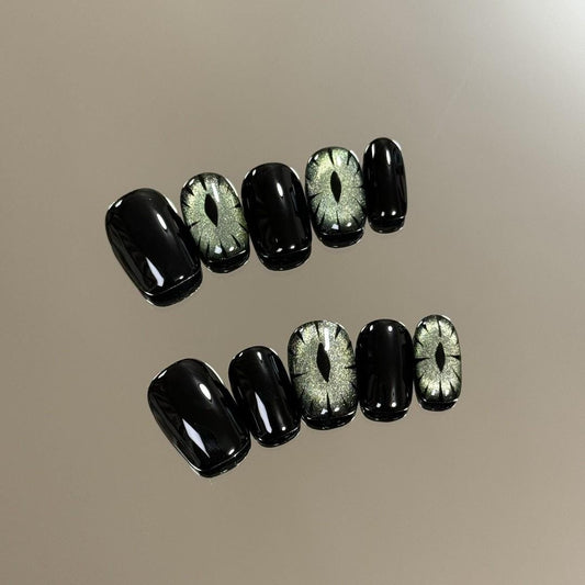 Luxury green cat eye nails evil eye handmade nails press on nails gel nails fake nails black glue on nails