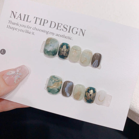 Luxury emrald green blooming handmade nails press on nails metal gold flower gel nails short square oval