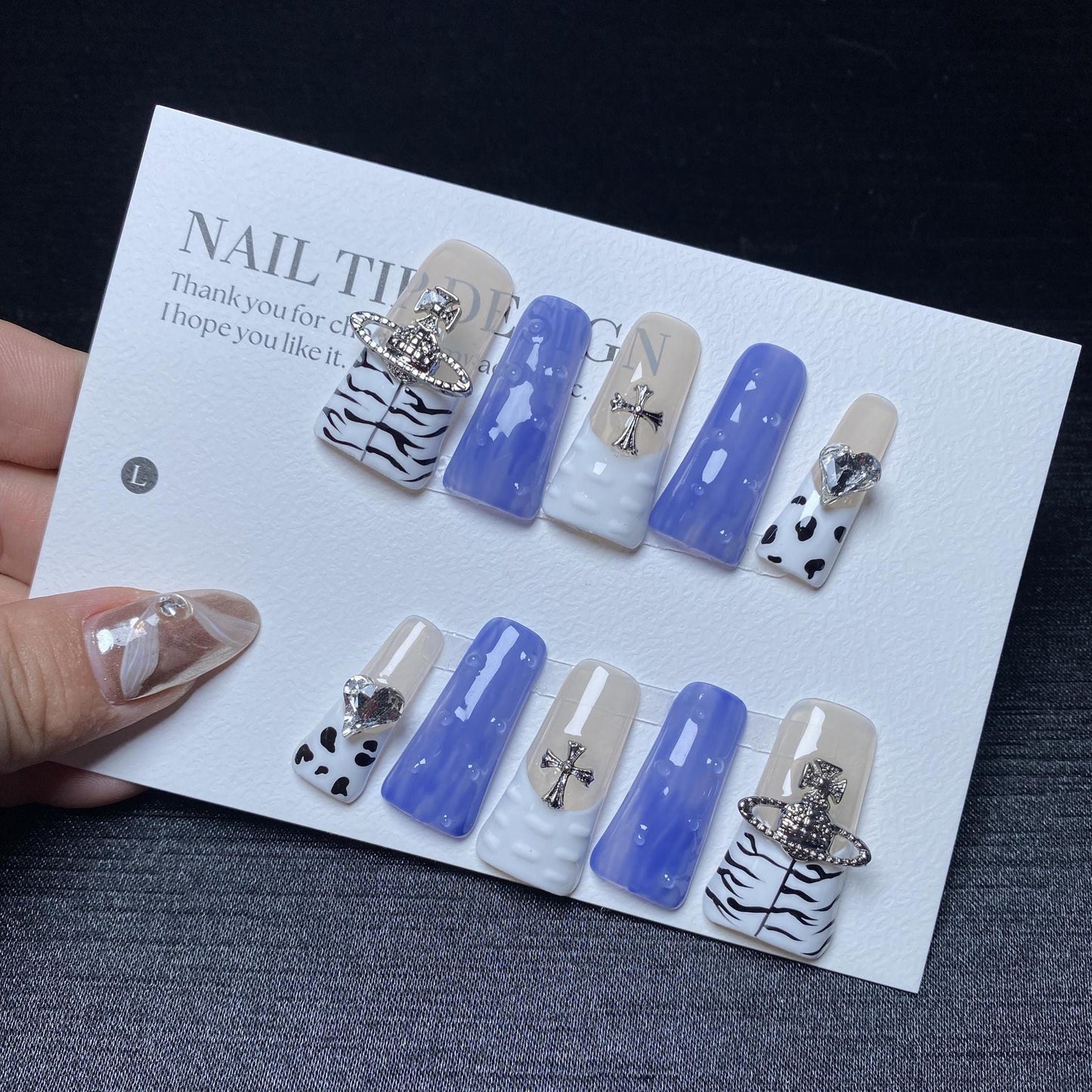 Y2k blue nails cow pattern duck nails press on nails gel nails long duck shape reusable nails art fake nails