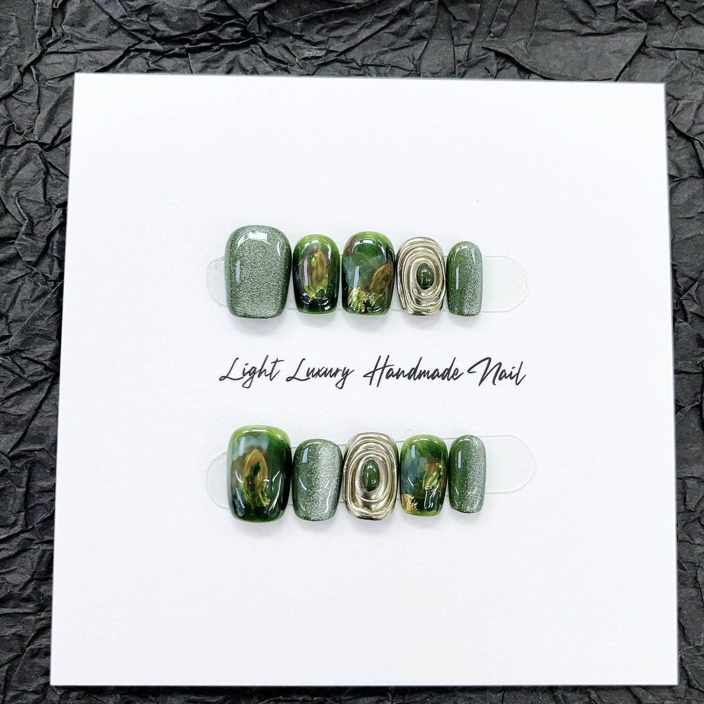 HQ [The Wizard of Oz] luxury green handmade nails cat eye nails blooming metal gold press on nails gel nails extra short coffin