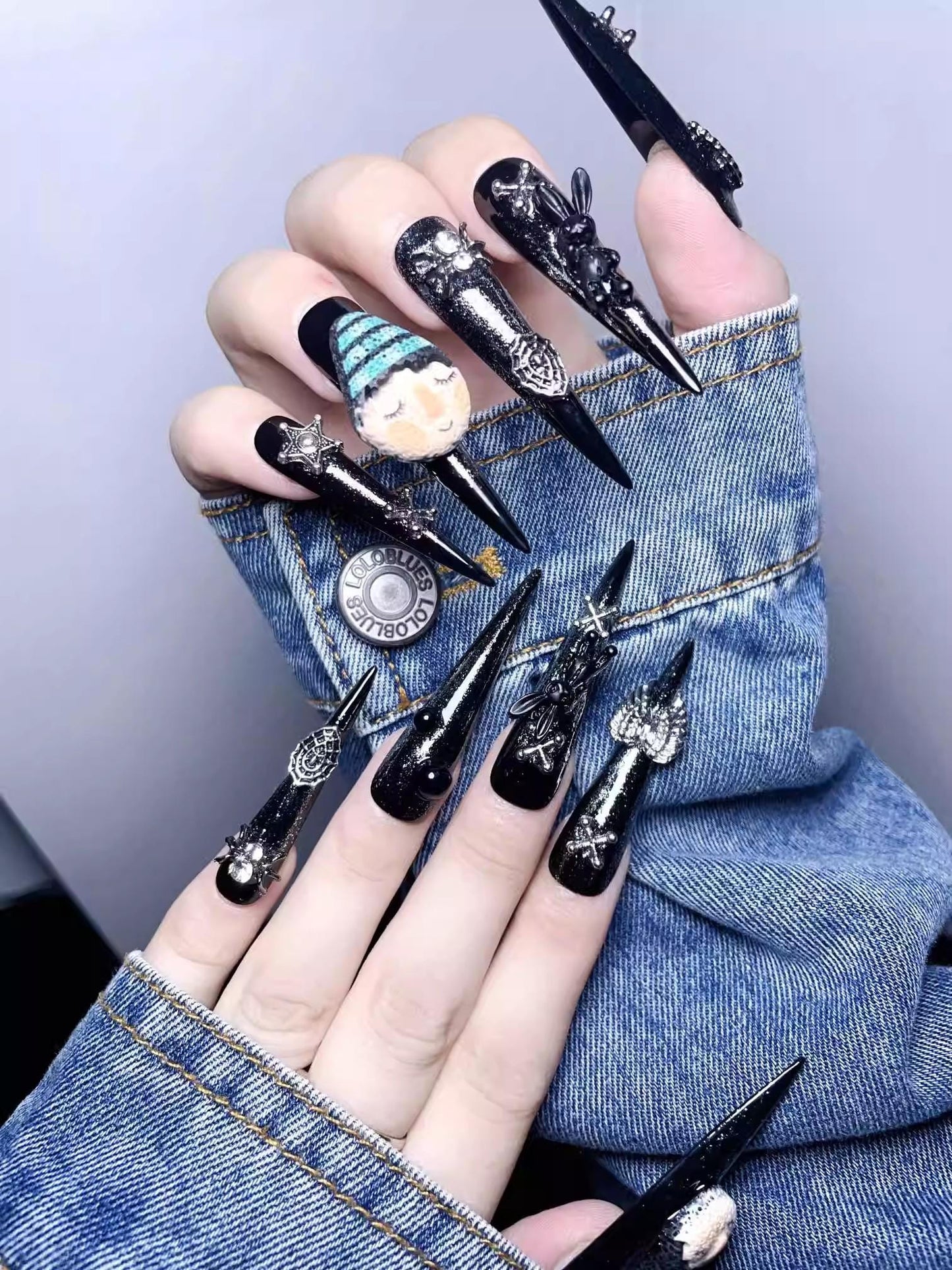 Luxury y2k gilr black cartoon wings handmade nails press on nails gel nails black bunny extra long stiletto