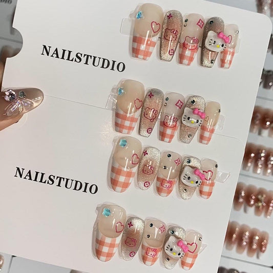 Luxury hello kitty nails cat eye handmade nails plaid press on nails gel nails medium coffin&medium oval glitter fake nails