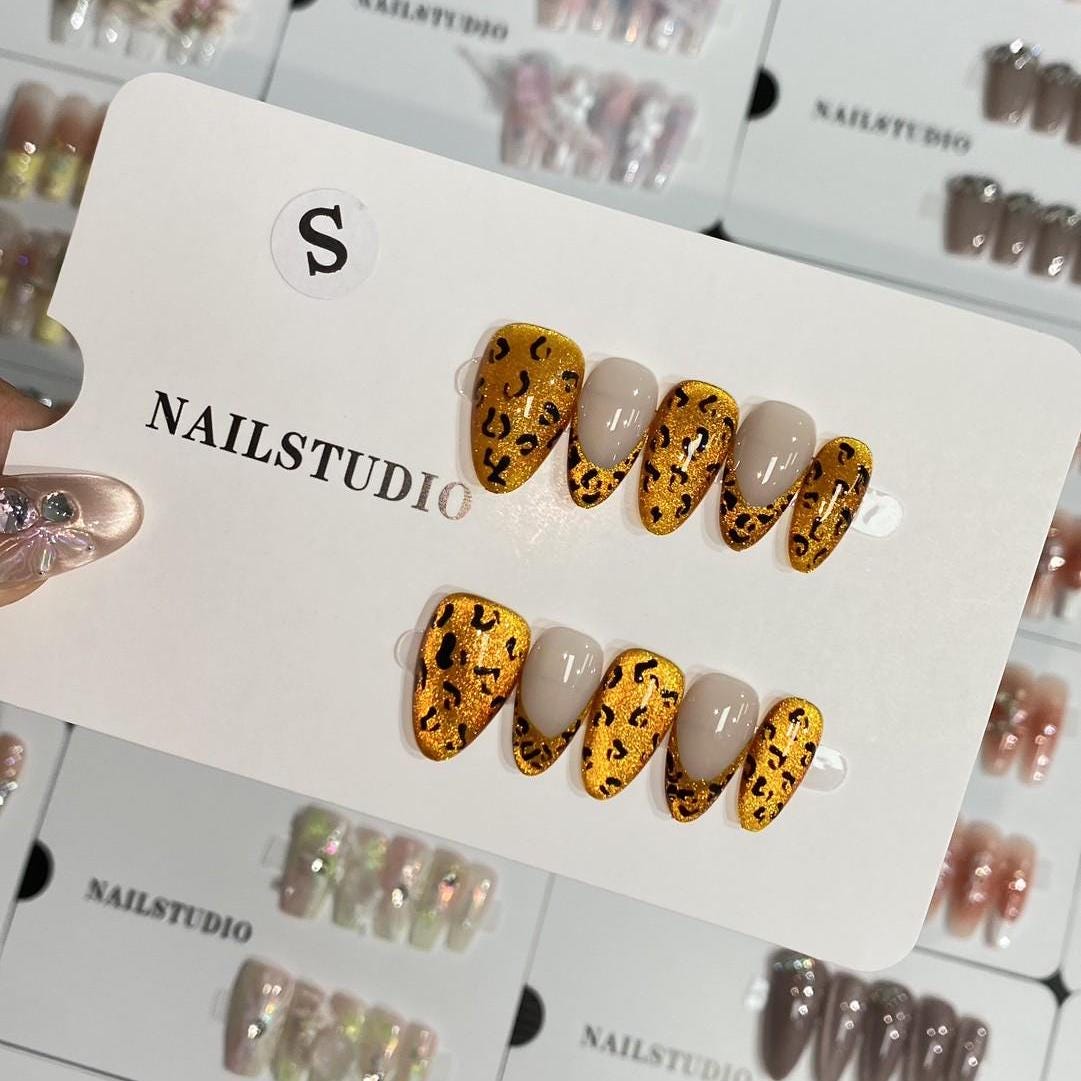 Luxury gold leopard print cat eye handmade nails press on nails gel nails short almond spicy girl hottie