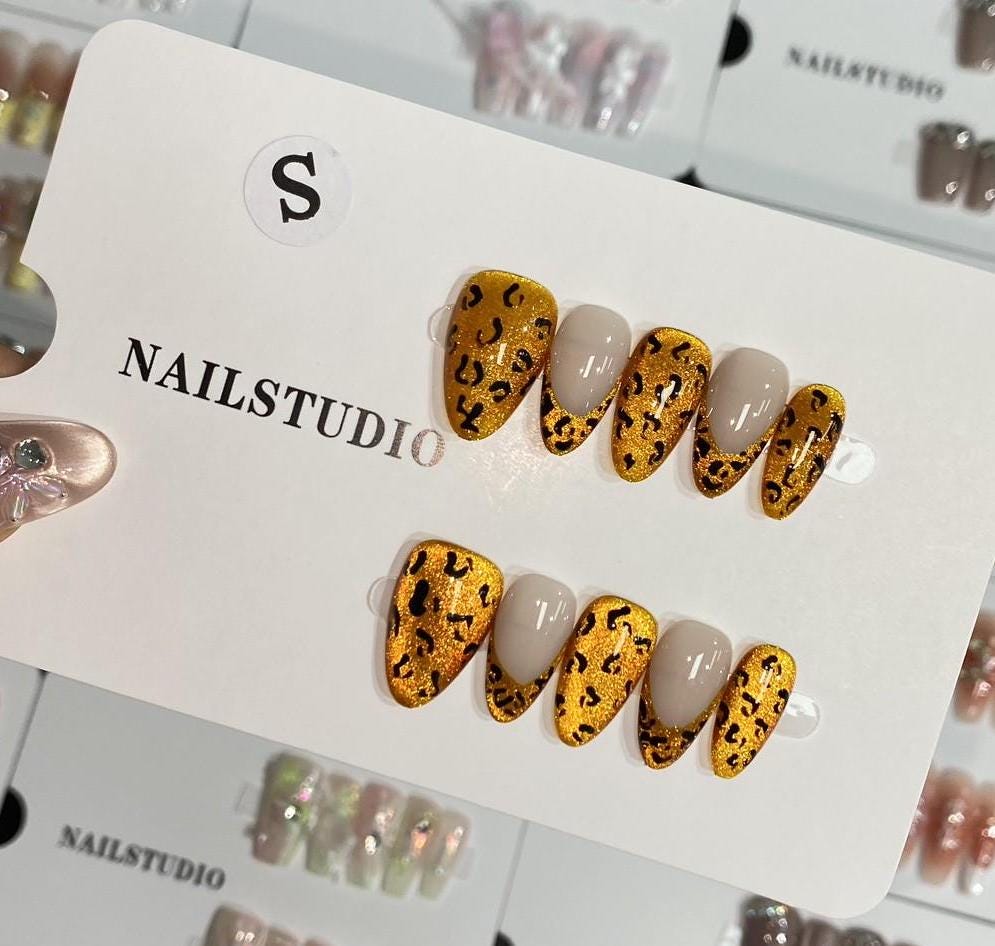 Luxury gold leopard print cat eye handmade nails press on nails gel nails short almond spicy girl hottie