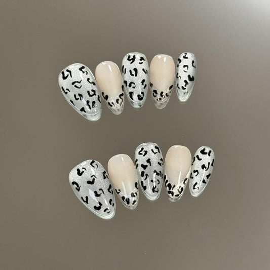 Luxury silver cat eye leopard print handmade nails press on nails short almond gentle nails fake nails