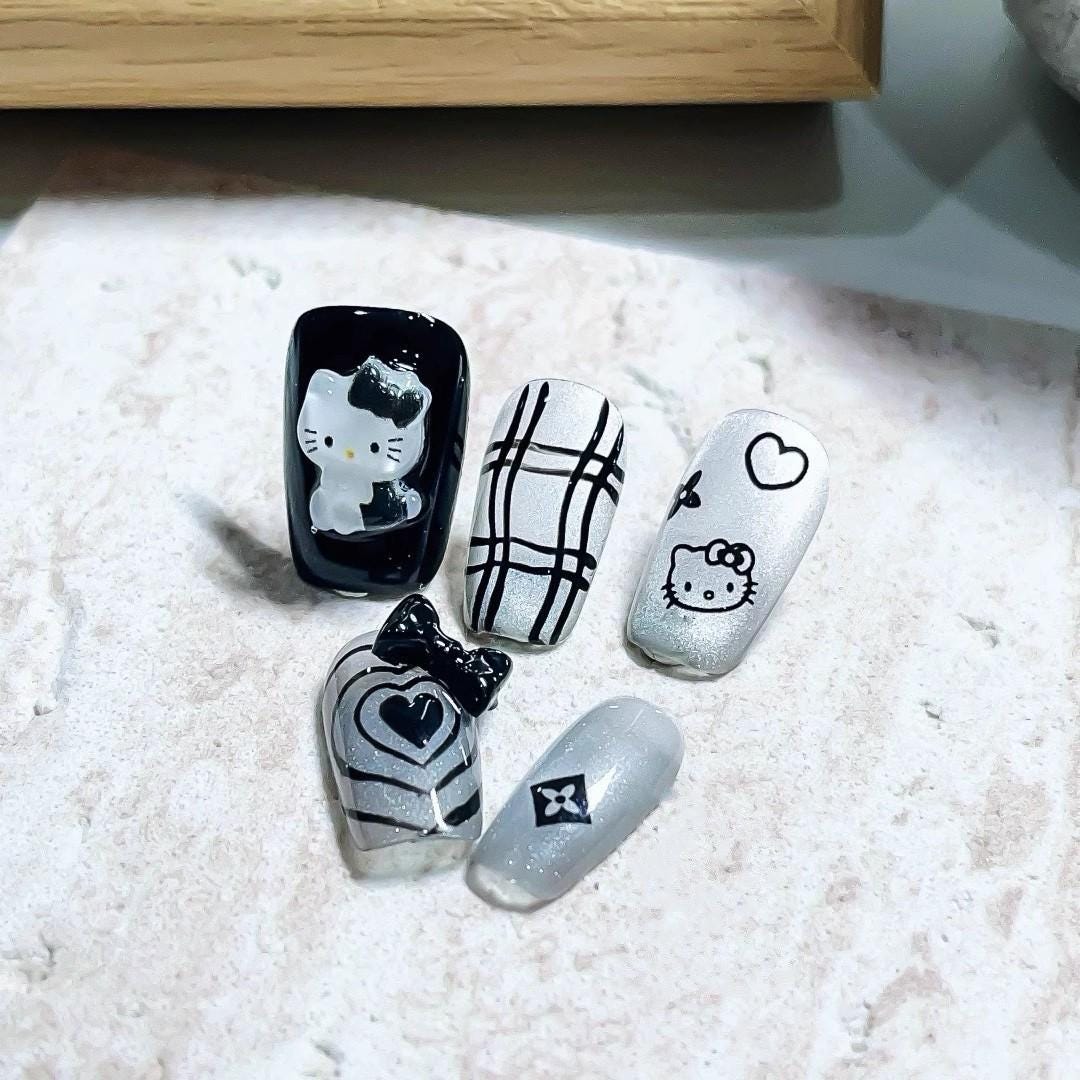 Luxury Hello kitty black handmade press on nails gel nails short coffin heart cartoon nails