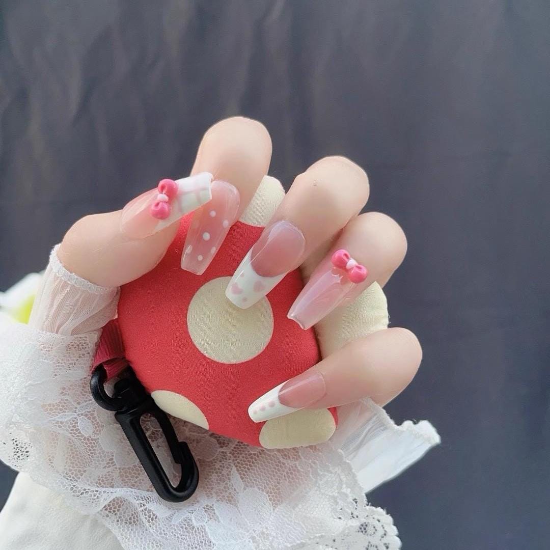 Luxury cartoon nails pink bow white polka dot handmade nails press on nails gel nails medium coffin