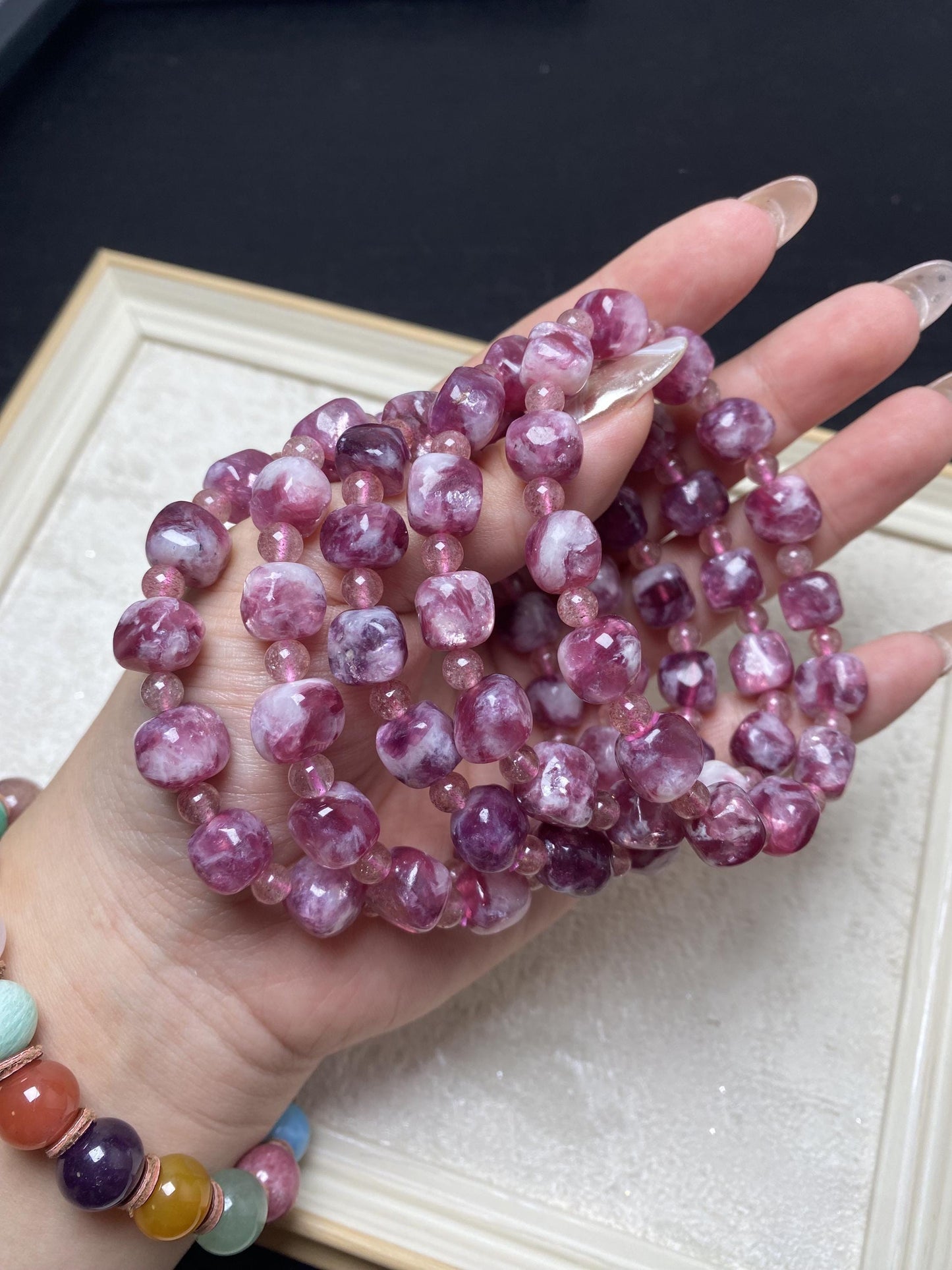 Lepidolite purple crystal bracelets about 8mm freeform cube lepidolite bracelets