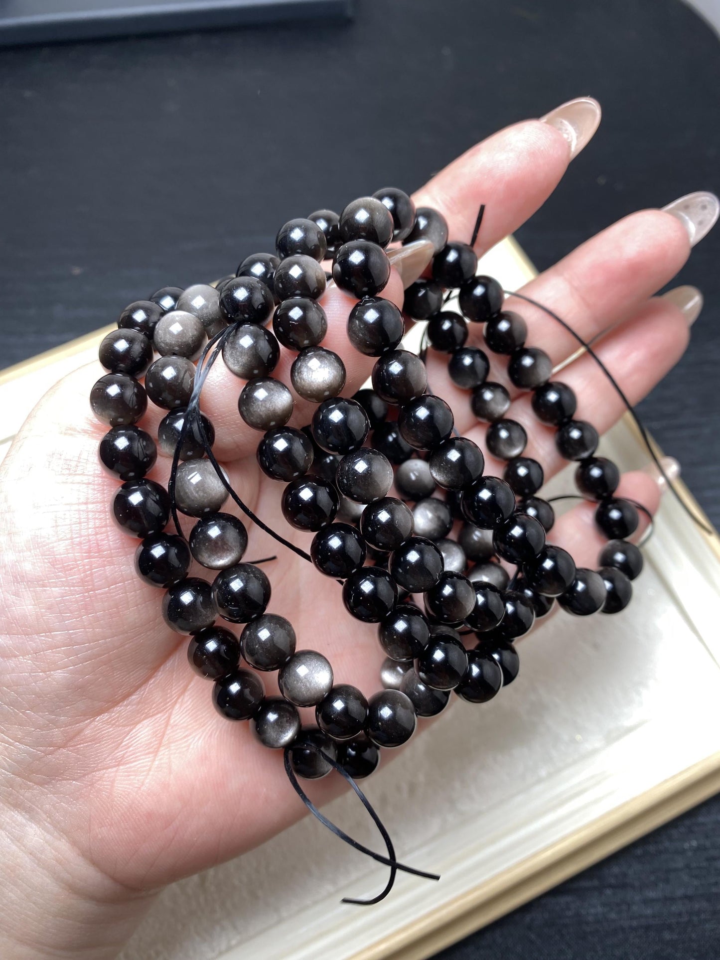 8mm best quality silver obsidian flashy beaded crystal strong flash crystal bracelets