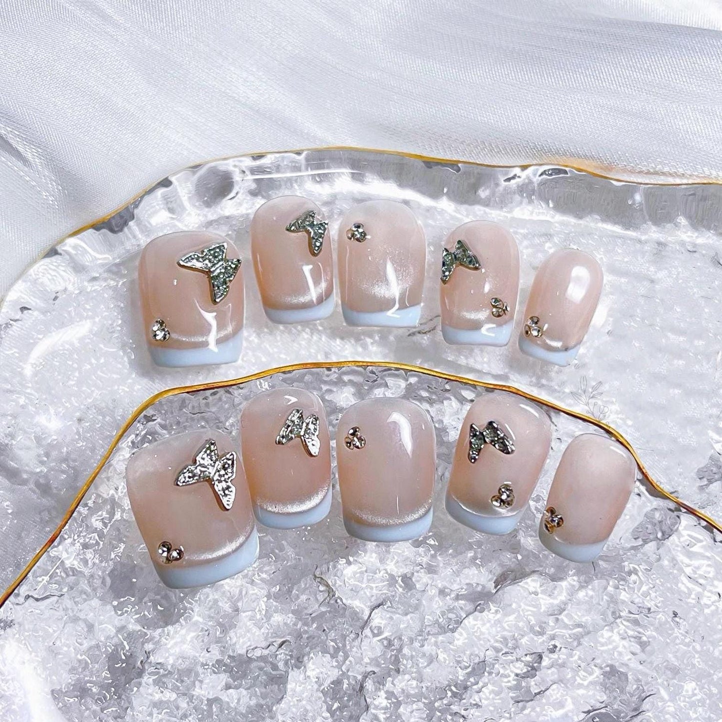 Luxury french handmade press on nails gel nails butterfly tiffany blue extra short coffin daily nails