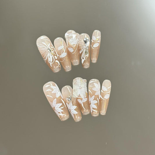 Luxury handmade flower nails butterfly press on nails gel nails long coffin wedding nails elegant