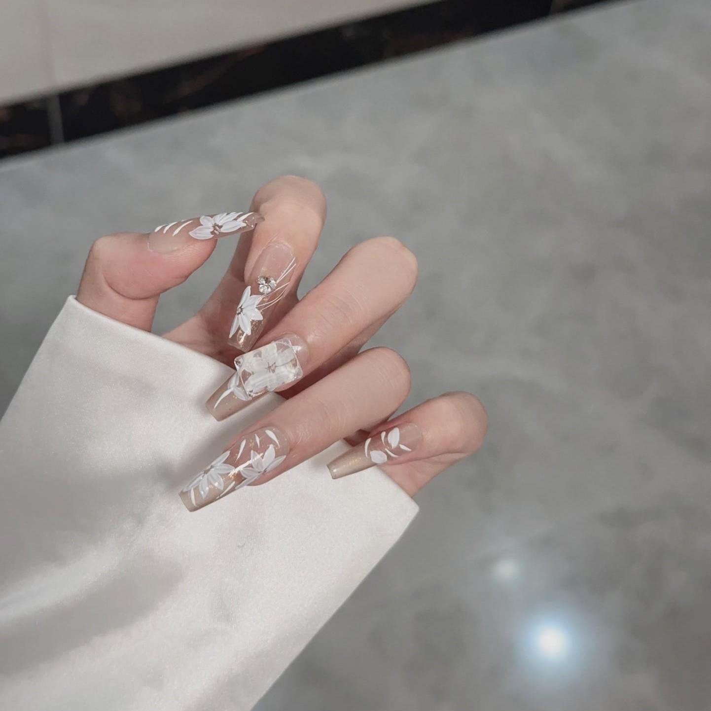 Luxury handmade flower nails butterfly press on nails gel nails long coffin wedding nails elegant