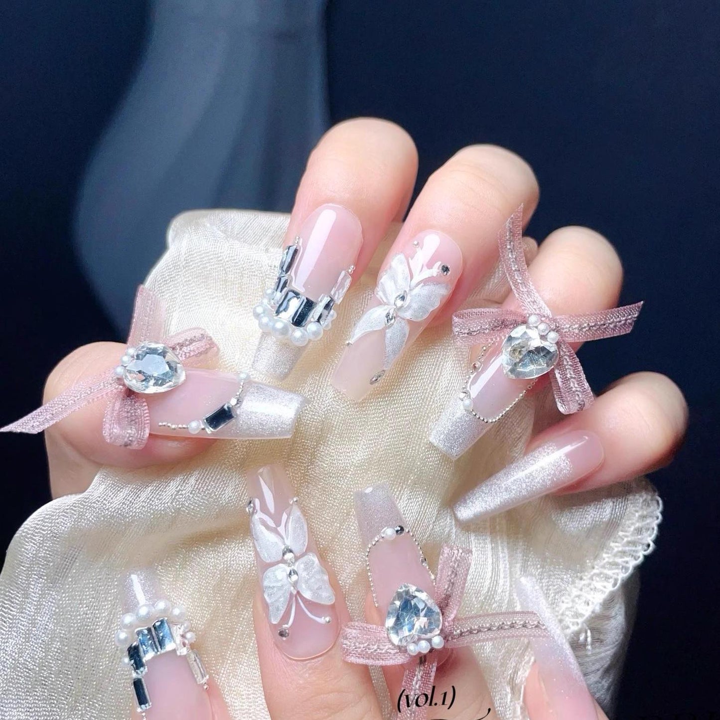 Luxury handmade nails butterfly ribbon nails press on nails gel nails long coffin heart diamond nails wedding elegant