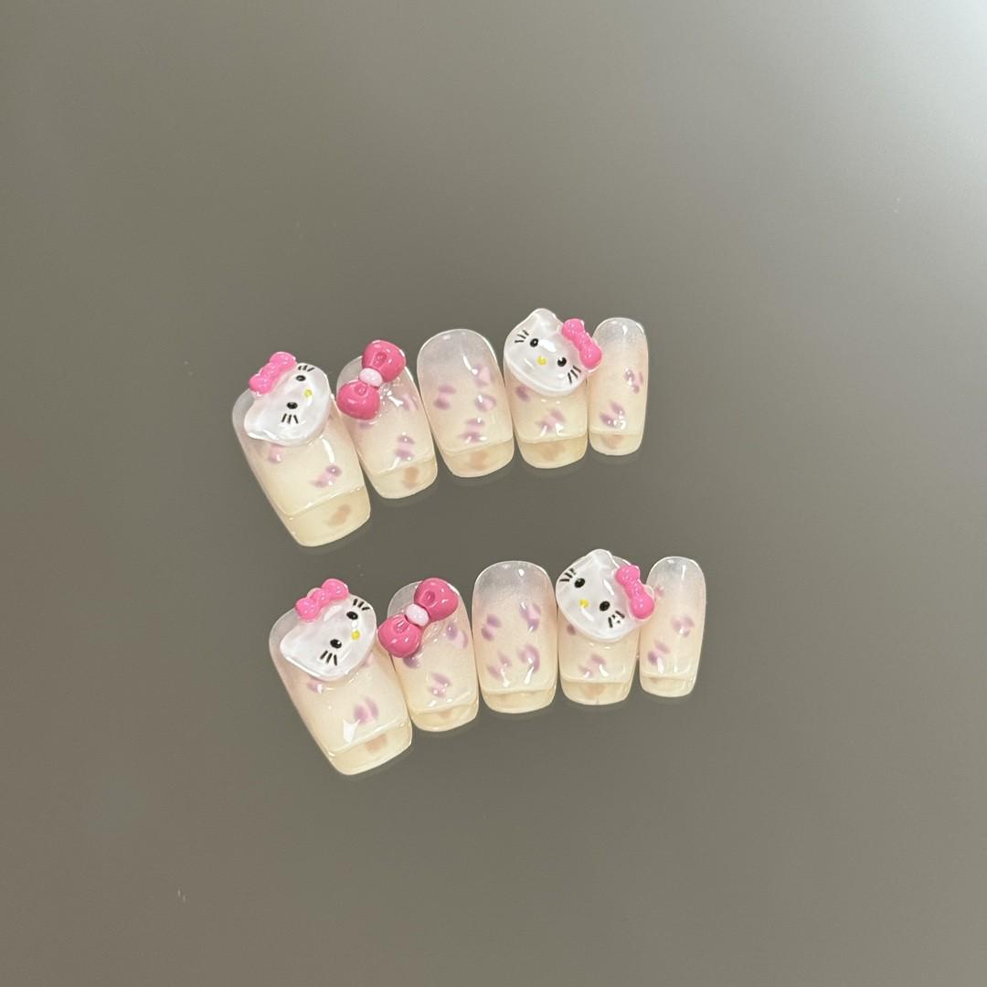 Luxury cute hello kitty handmade nails bow press on nails gel nails extra short nails pink nail