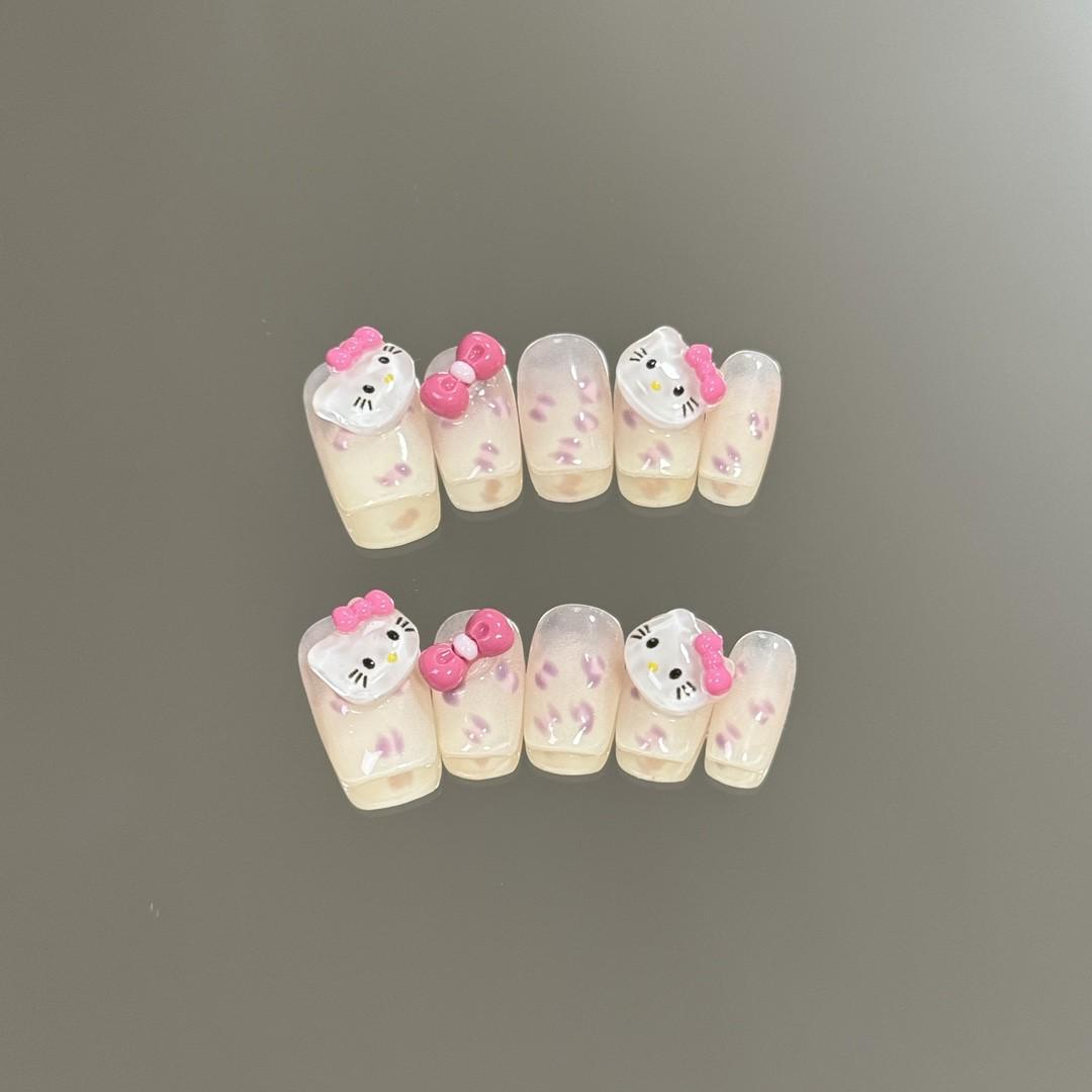 Luxury cute hello kitty handmade nails bow press on nails gel nails extra short nails pink nail